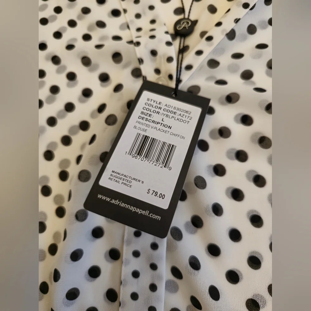 NWT Adrianna Papell Sheer Polka Dot Chiffon V Blouse Black White Size Large - Picture 15 of 17